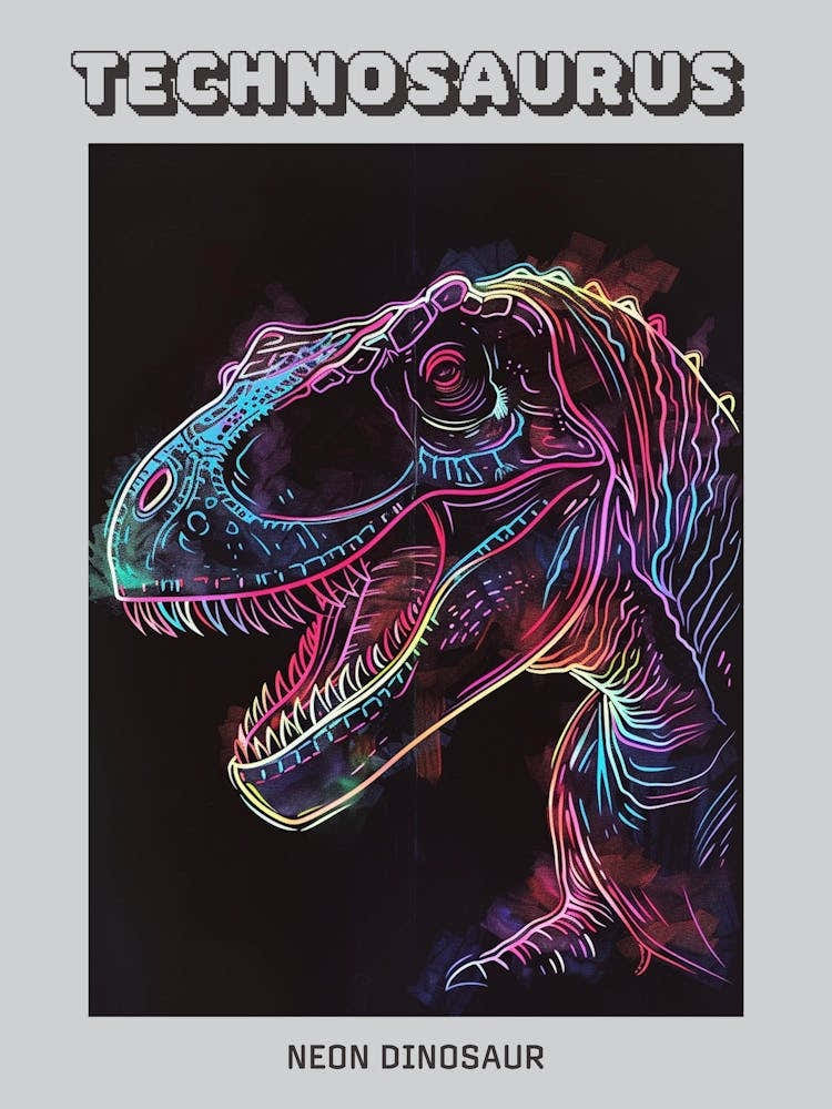 Neon Dinosaur Blue Pink Portrait Poster