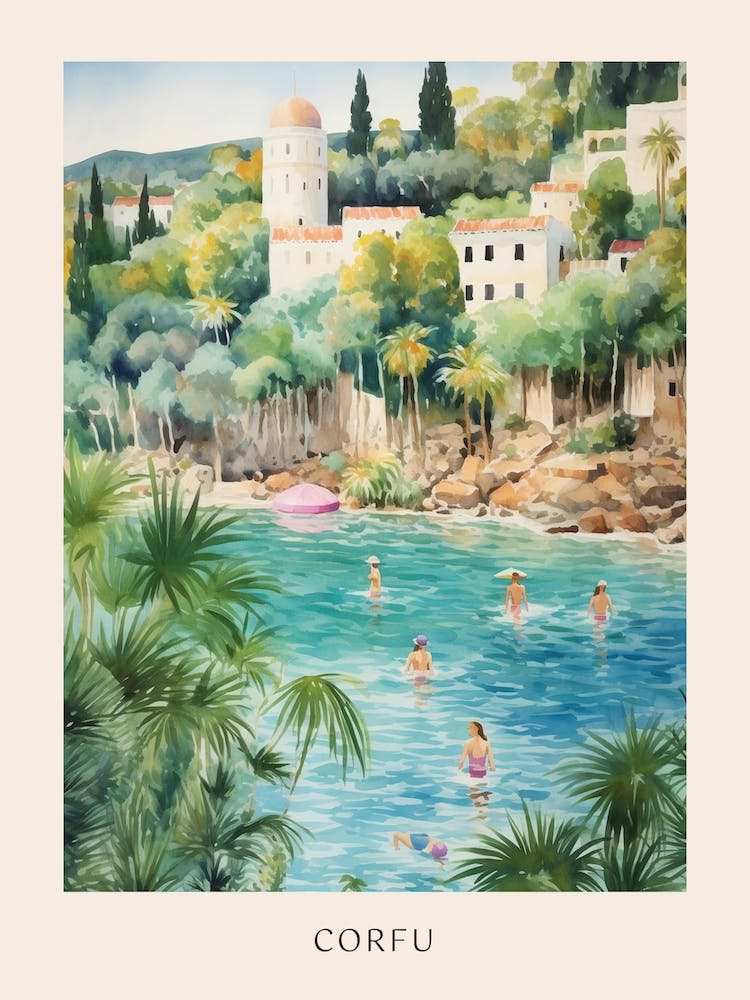 Swimming In Corfu Greece 2 Watercolour Poster