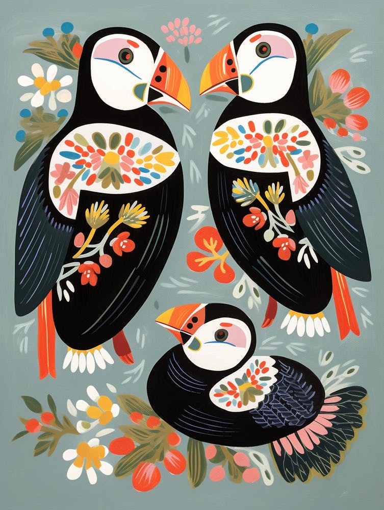 Folk Style Bird Painting Puffin 1