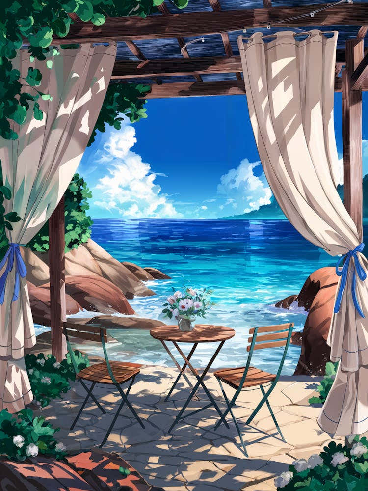 Anime Canvas Art: Seaside Wooden Pergola with Flowing Curtains, Turquoise Ocean, and Lush Foliage, Perfect for Lofi Aesthetic and Relaxing Coastal Art Lovers.
