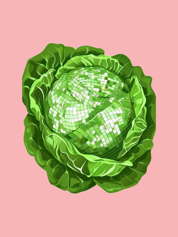 Disco Ball Lettuce Pink Art Disco Poster Trendy Aesthetic Art Food Kitchen