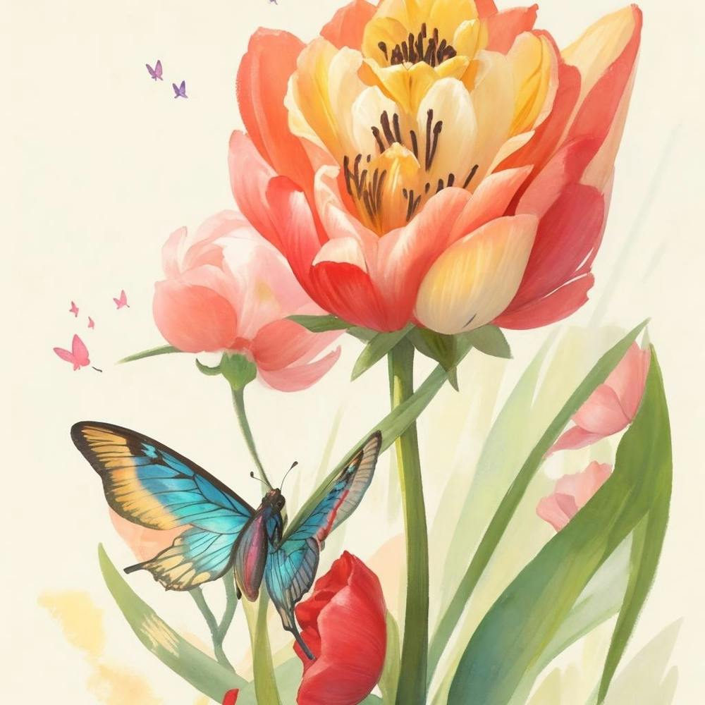 Tulip Rose With A Butterfly Standing On I