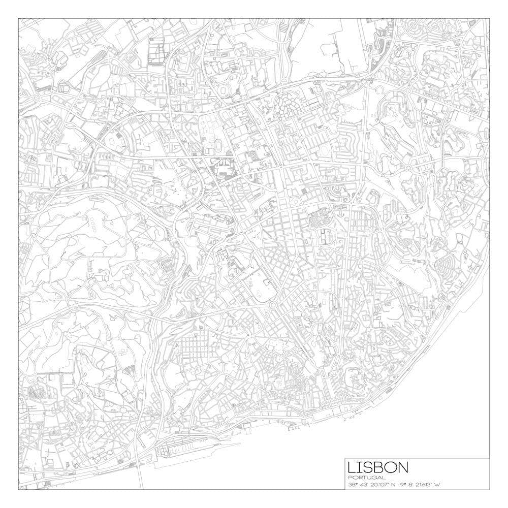 Lisbon, Portugal, City Map Black On White Blueprint Design