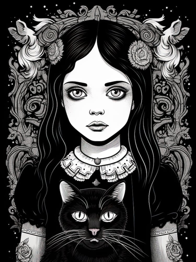 Wednesday Addams And A Cat Line Art Noveau 7 Fan Art