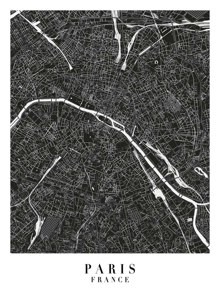 Paris France Minimal Black Mono Street Map
