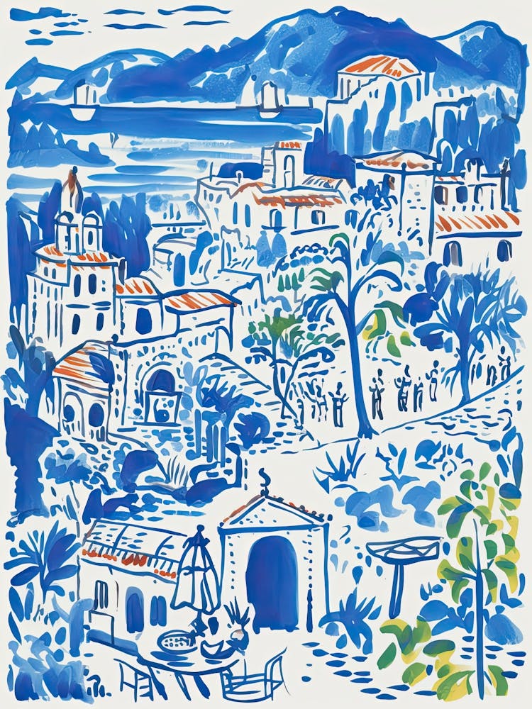 Italy, Amalfi Coast Cute Illustration In Blue 2