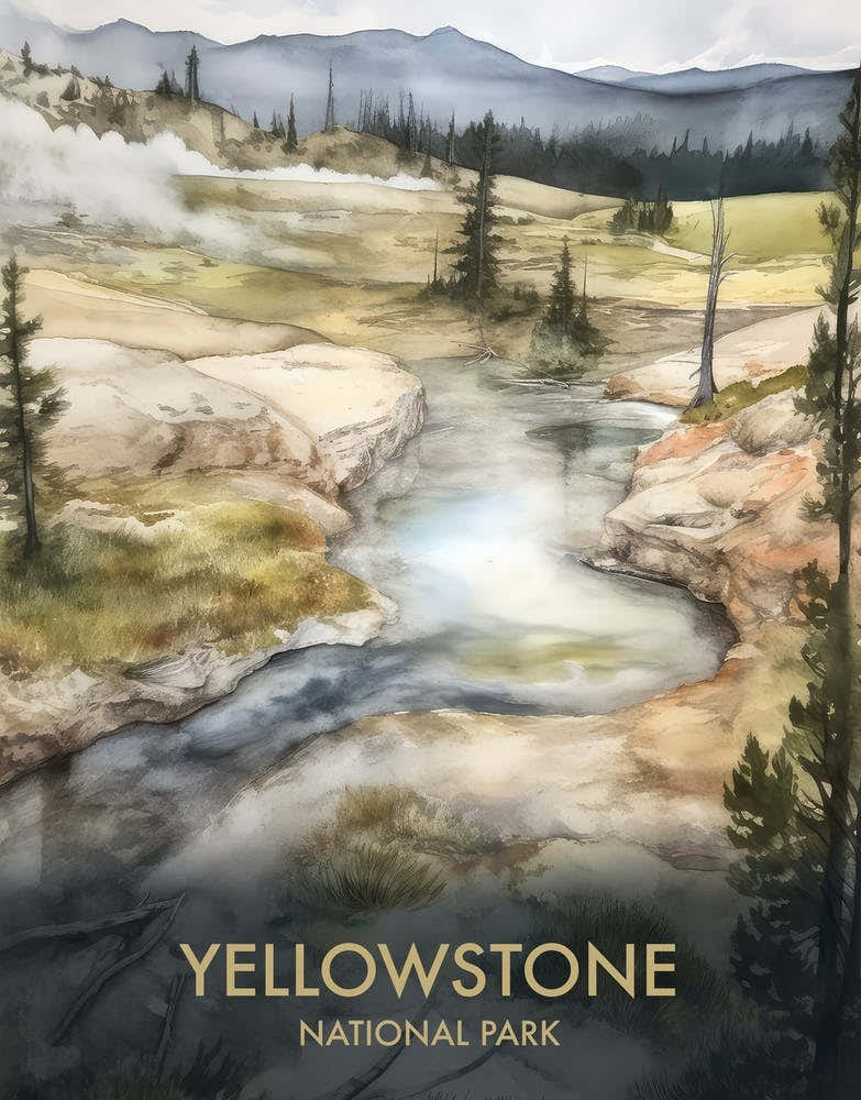 Yellowstone National Park Watercolor Vintage Travel Poster 4