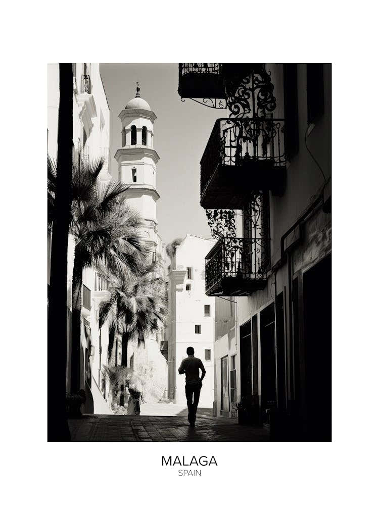 Poster Of Malaga, Spain, Black And White Analogue Photography 4