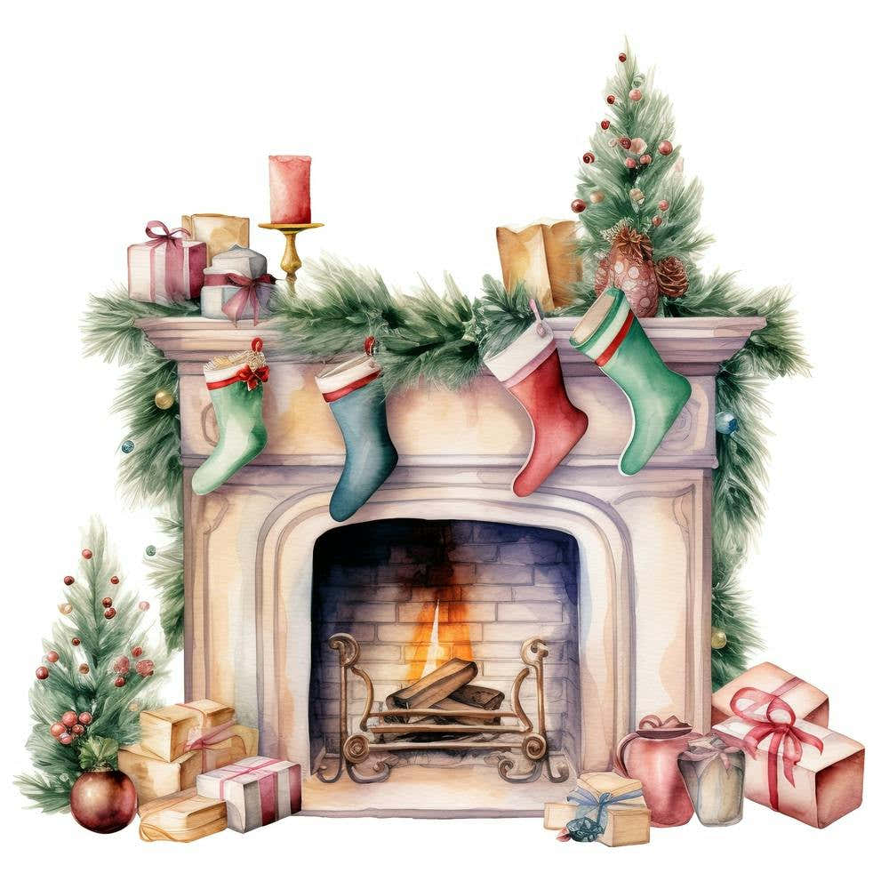 Christmas Fireplace, watercolor clipart 1
