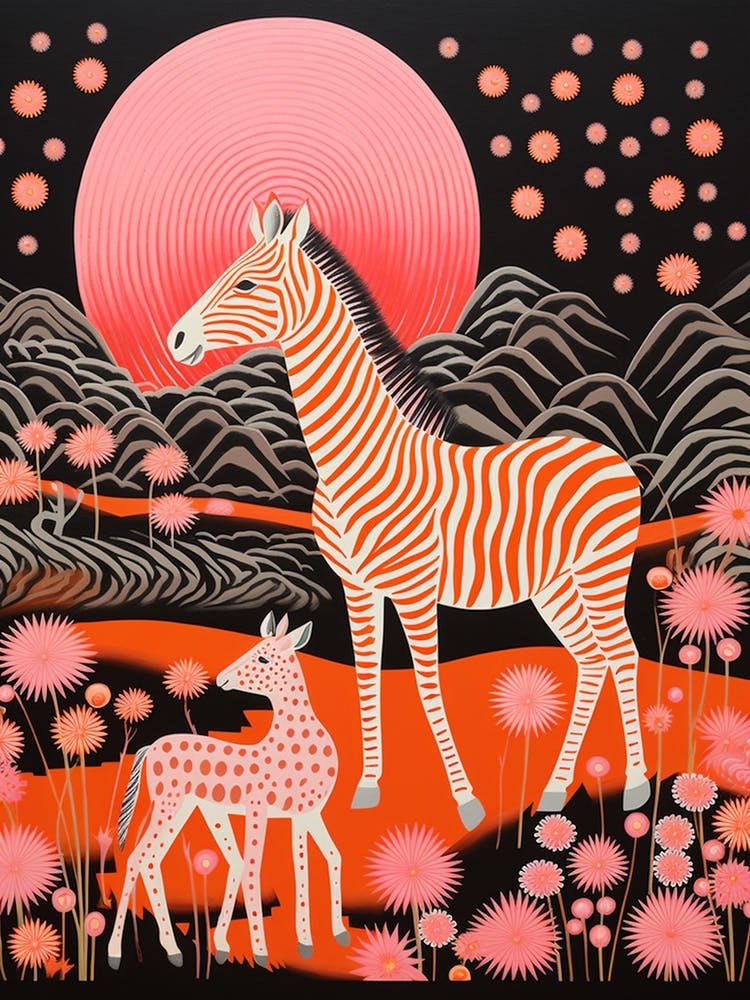 Zebra In The Wild With Other Animals Black & Red