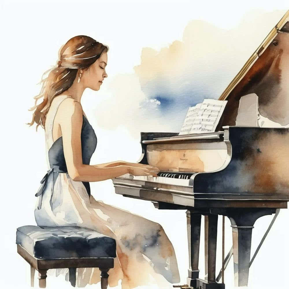 Watercolor Of A Woman Playing The Piano