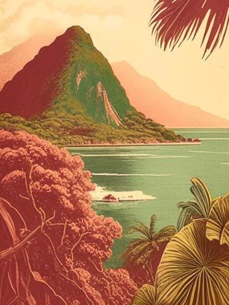 Ile De La Reunion France Vintage Sketch Tropical Destination