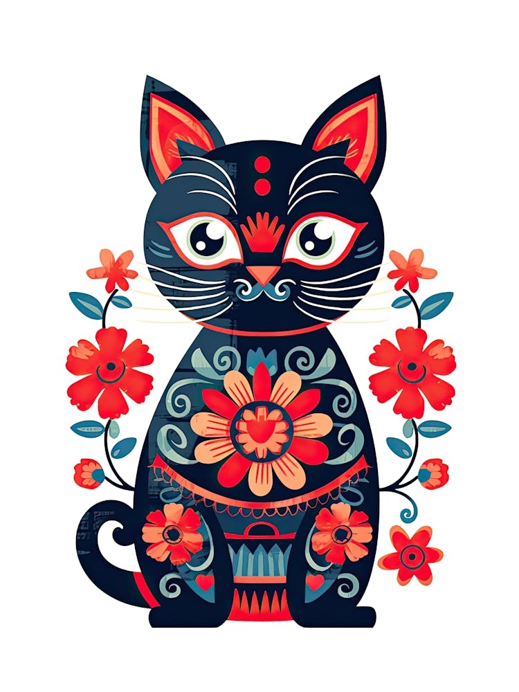 Vintage Black Floral Cat Kitsch