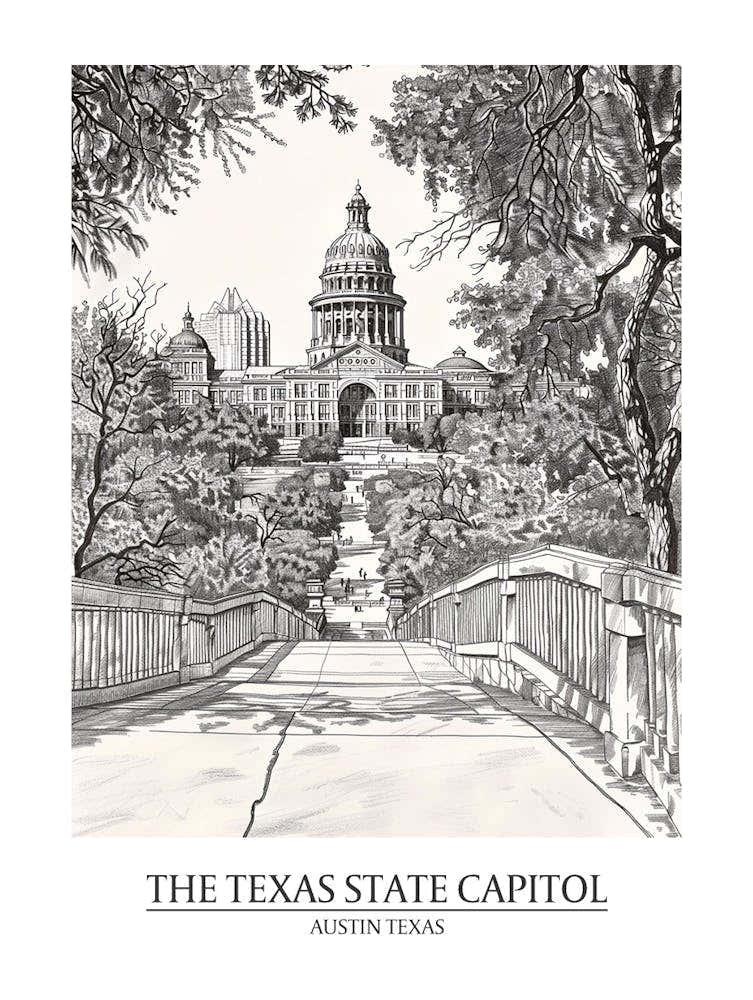 The Texas State Capitol Austin Texas Black And White Drawing 3 Poster