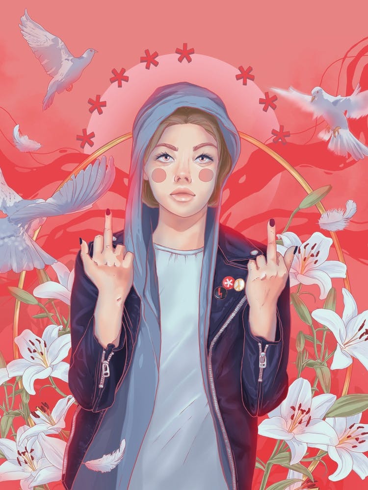 Protest! Religious Girl With Doves and Flowers