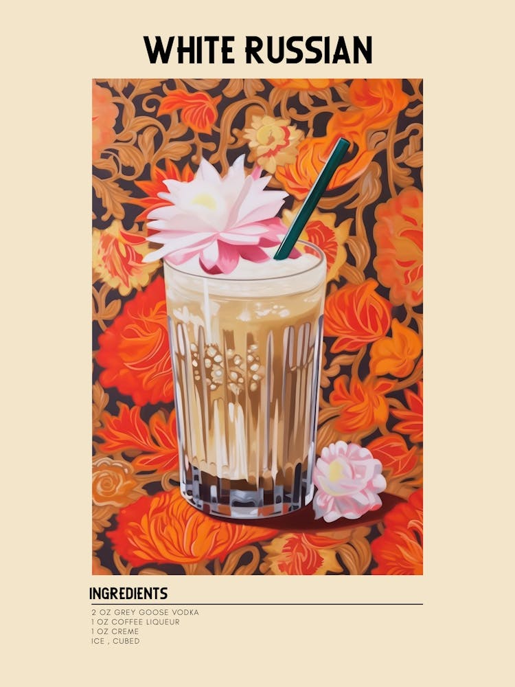 White Russian Cocktail Ingredients Poster