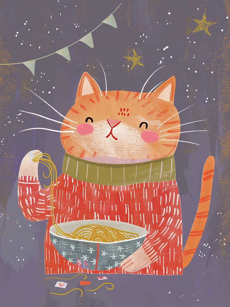 Orange Cat Pasta Lover Folk Illustration 3