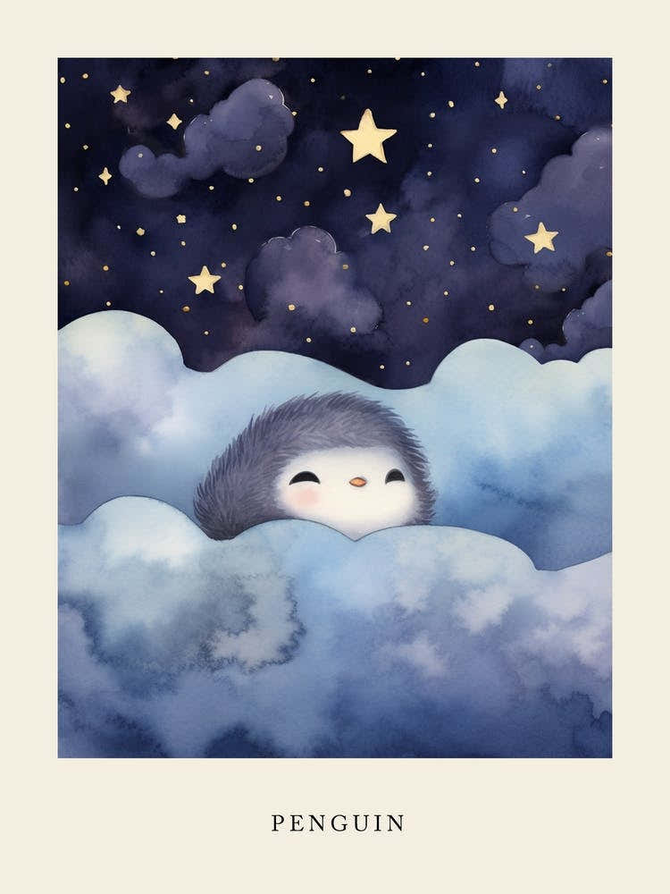 Baby Penguin Sleeping In The Clouds Nursery Poster