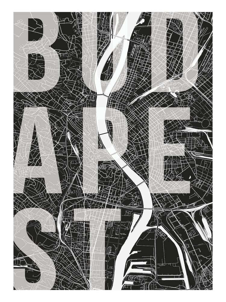 Budapest Mono Street Map Text Overlay