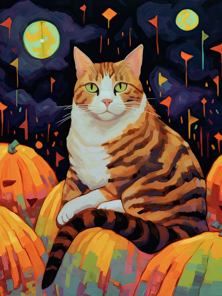 Ginger Cat With Pumpkins Autumn Fall Oil Painting