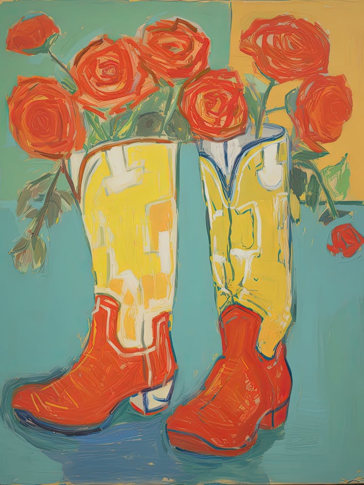 Painting Of Roses Flowers And Cowboy Boots, Oil Style 6