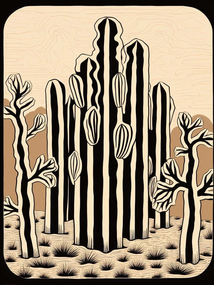 B&W Cactus Illustration Organ Pipe Cactus 2