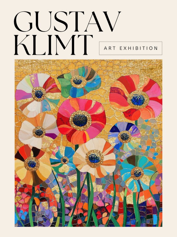 Gustav Klimt Inspired Mosaic Style Floral Art Exhibition Poster, Red, Pink, Orange, Teal, Blue Gold Leaf Mixed Media Flowers, Abstract Botanical Wall Art for Modern Living Room, Bedroom, Office Decor