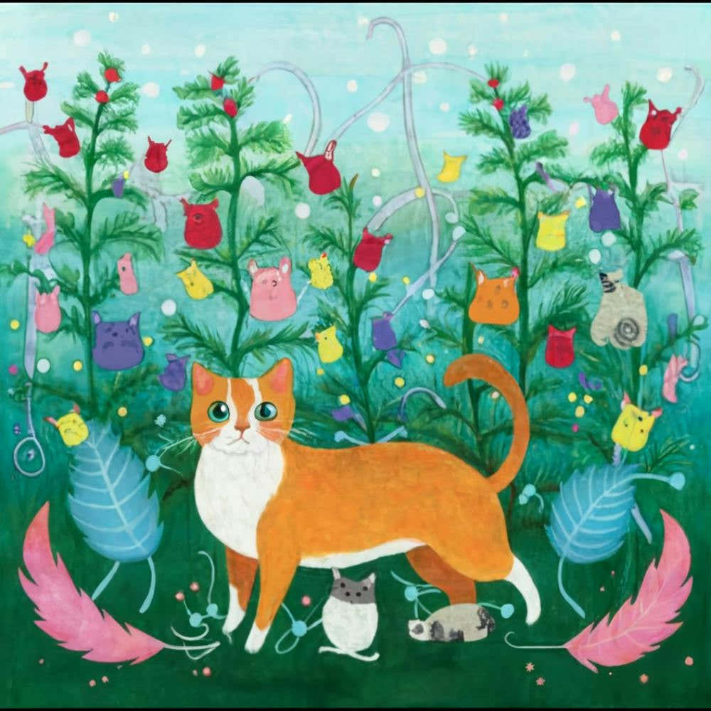 Whisker Wonderland: Print Art - Illustrate a whimsical scene where cats play in a magical garden filled with oversized catnip plants, rainbow yarn, and floating feathers.
