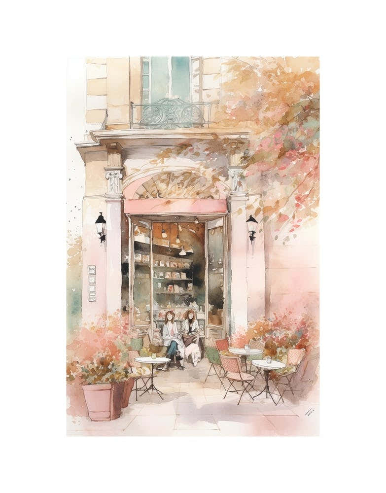 Paris Street Cafe Scene Pink Girls Illustration Watercolour