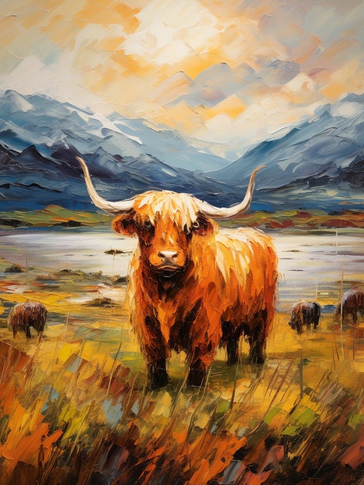 Brushstroke Painting Style Of Highland Cows In The Long Grass