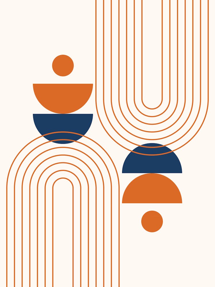 Modern Mid Century Sun, Moon Phases and Rainbow Abstract 23 in Navy Blue and Burnt Orange