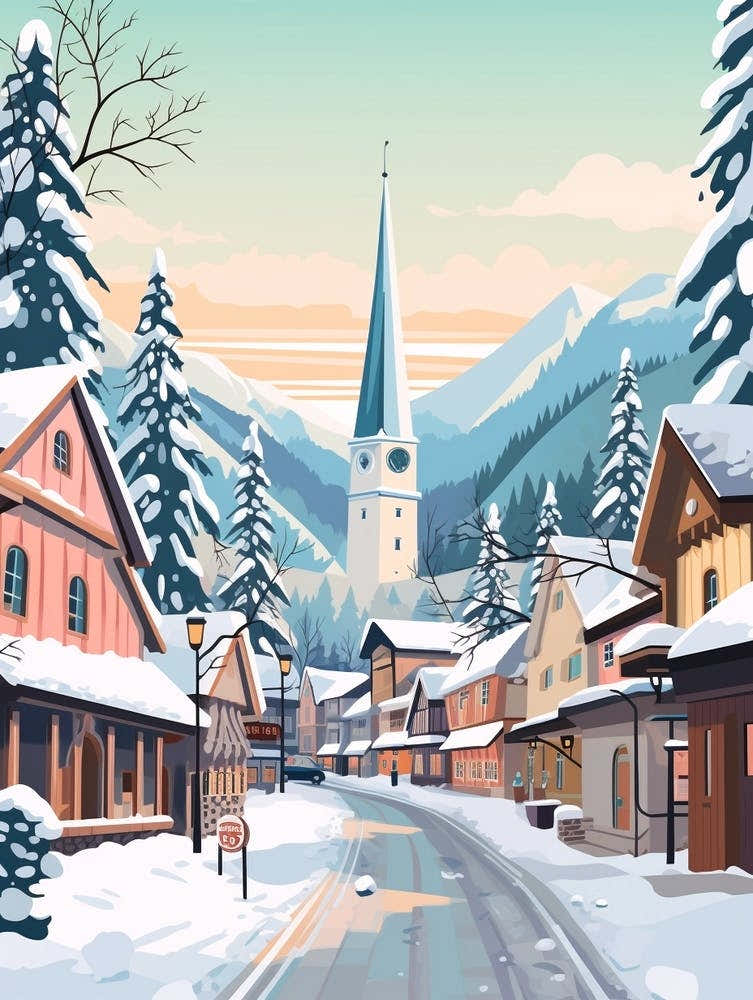 Vintage Winter Travel Illustration Leavenworth Washington 4