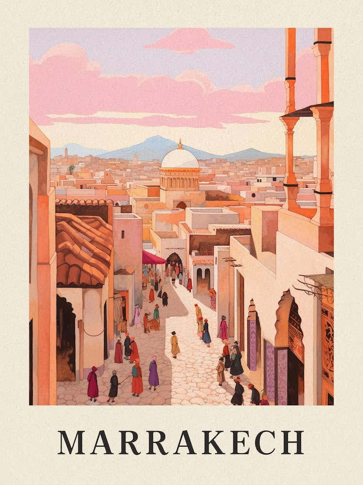 Marrakech Morocco 4 Vintage Pink Travel Illustration Poster