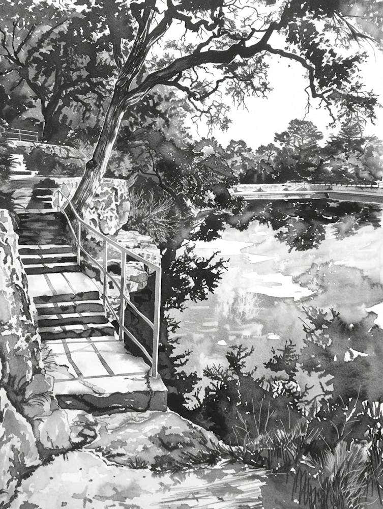 Hamilton Pool Preserve Austin Texas Black And White Watercolour 2
