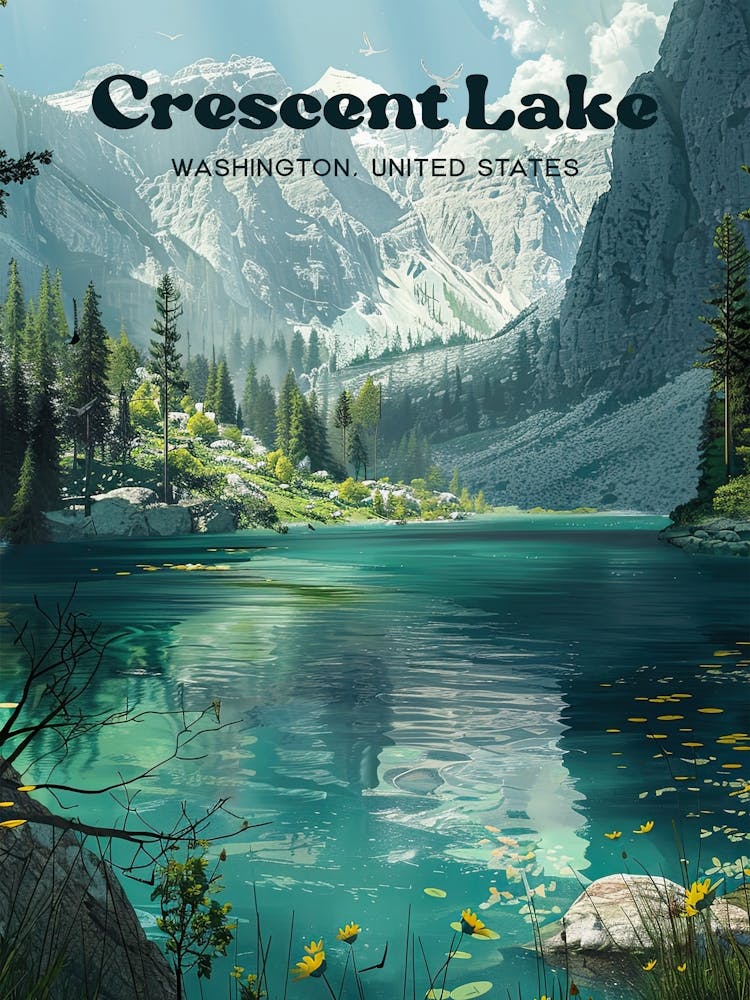 Crescent Lake Washington Travel Art Illustration