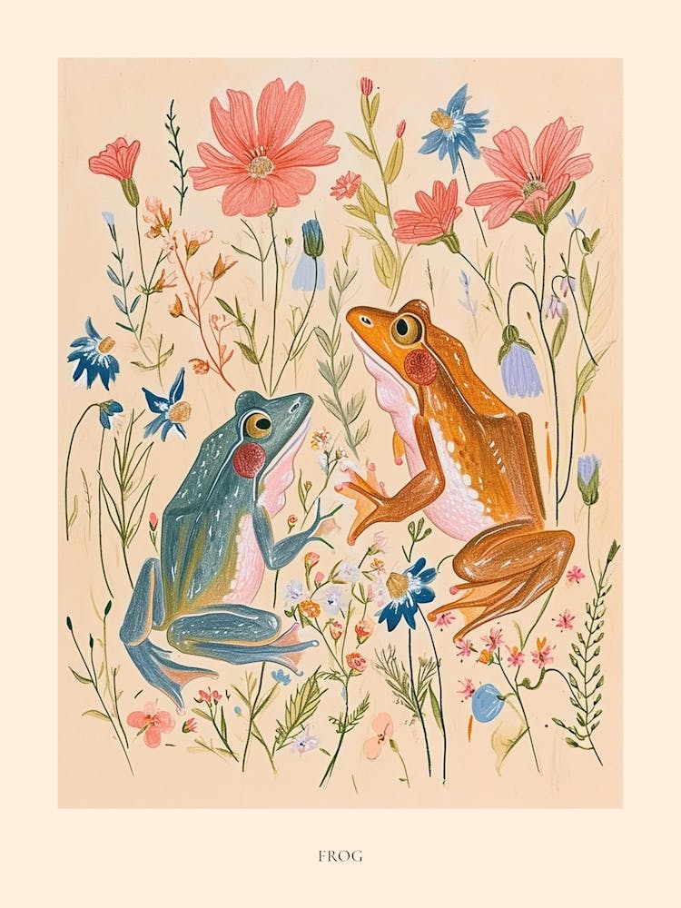 Folksy Floral Animal Drawing Frog 7 Poster