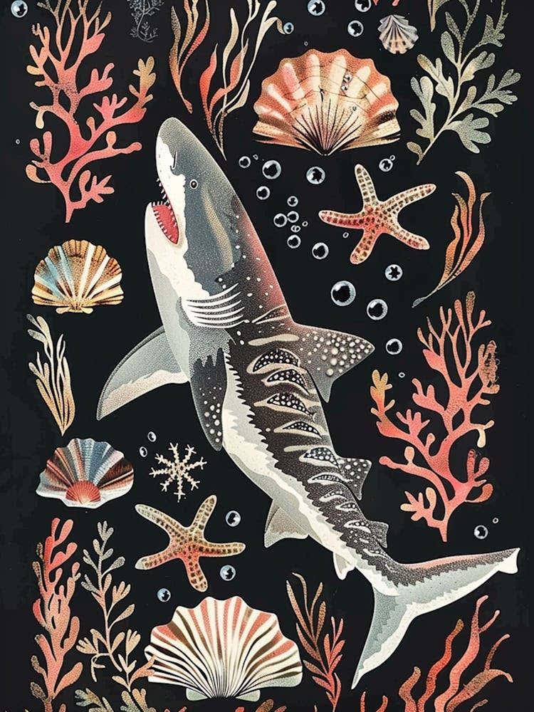 Tiger Shark Seascape Black Background Illustration 3