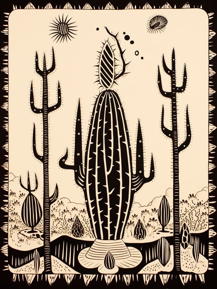 B&W Cactus Illustration Fishhook Cactus 3