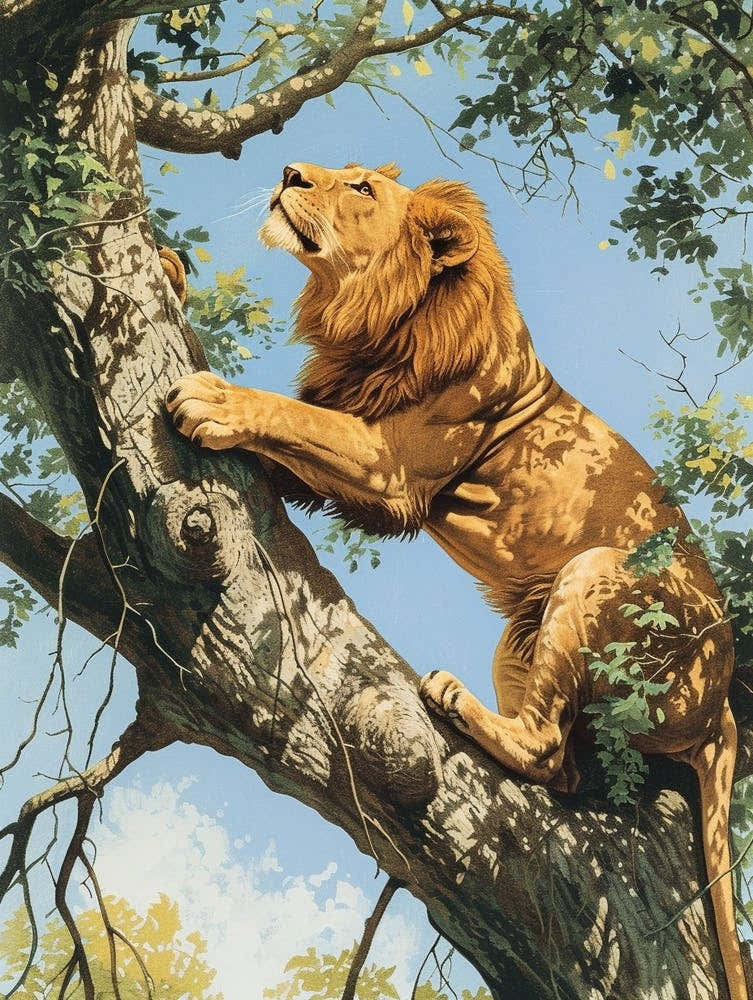 Barbary Lion Relief Illustration Climbing A Tree 1