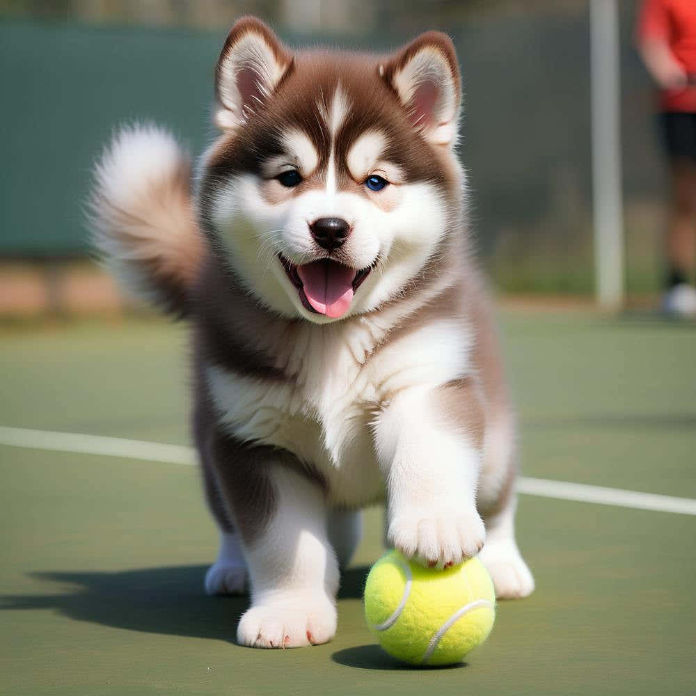 Husky Puppy Playing Tennis
