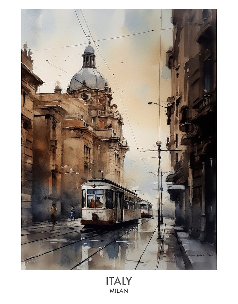 Milan, Italy 5 Watercolor Travel Poster