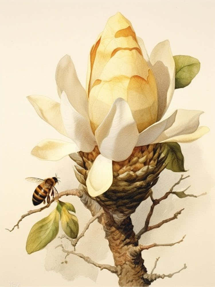 Beehive With Magnolia Watercolour Illustration 2