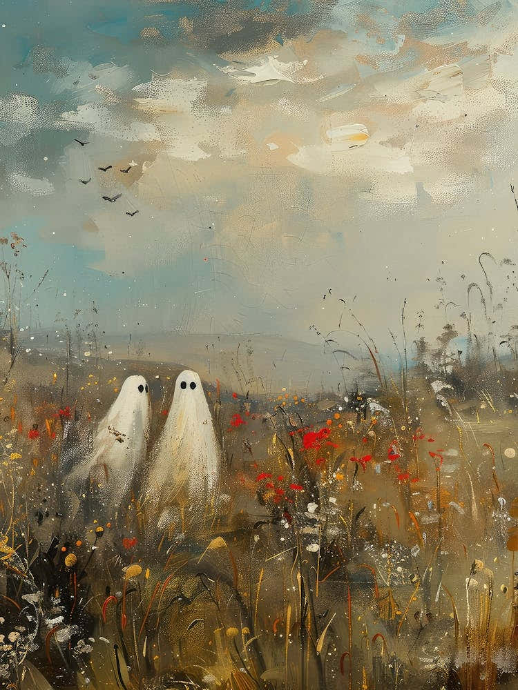 Cute Halloween Ghosts In Wildflower Field