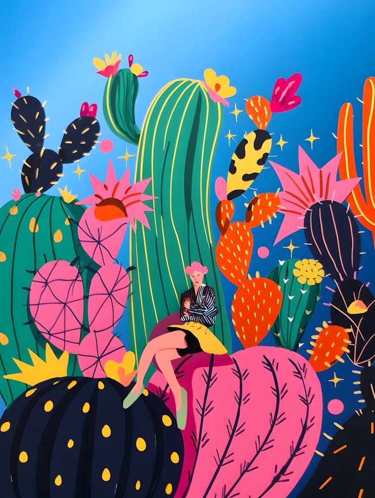 Whimsical Patterned Cacti Print - Colorful Abstract Desert