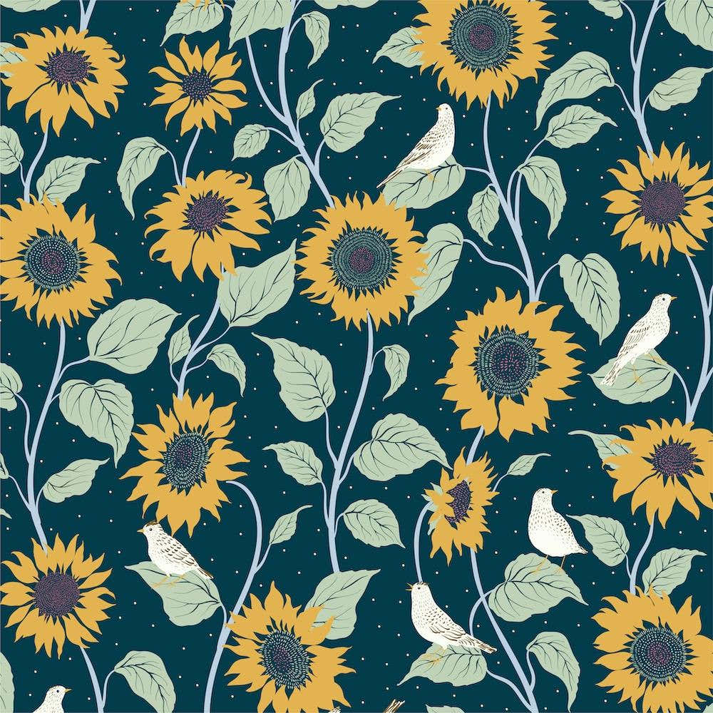 Skylarks in Sunflower Field on Prussian Blue