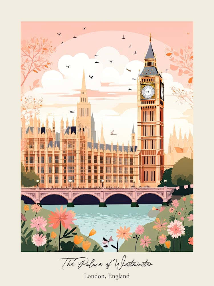The Palace Of Westminster   London, England   Cute Botanical Illustration Travel 2 Poster
