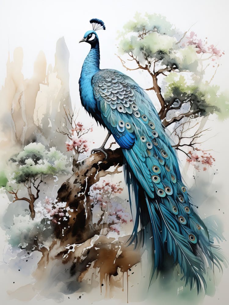 Peacock, Japanese Brush Painting, Ukiyo E, Minimal 6