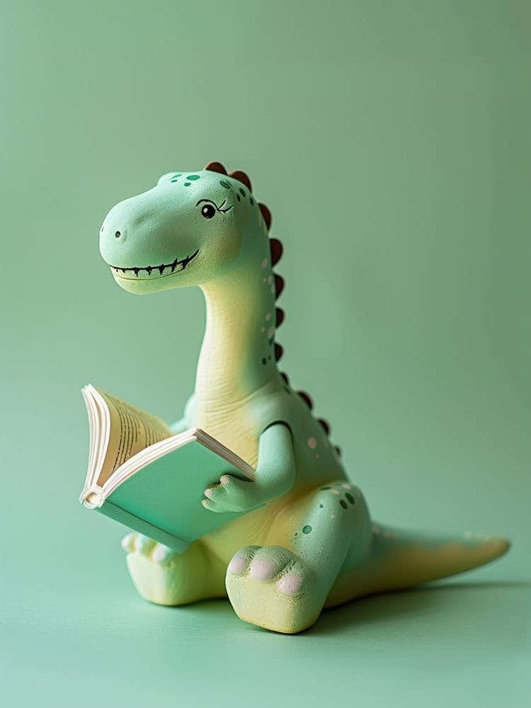 Pastel Green Toy Dinosaur Reading A Book