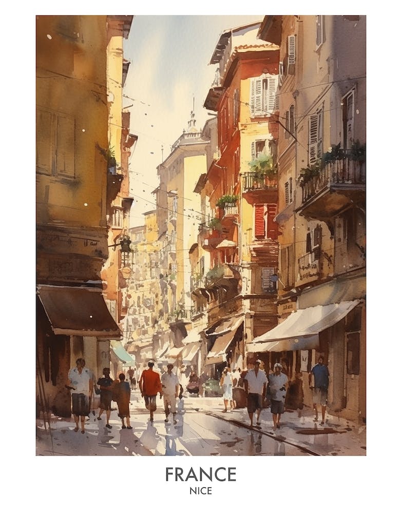 Nice, France 4 Watercolor Travel Poster