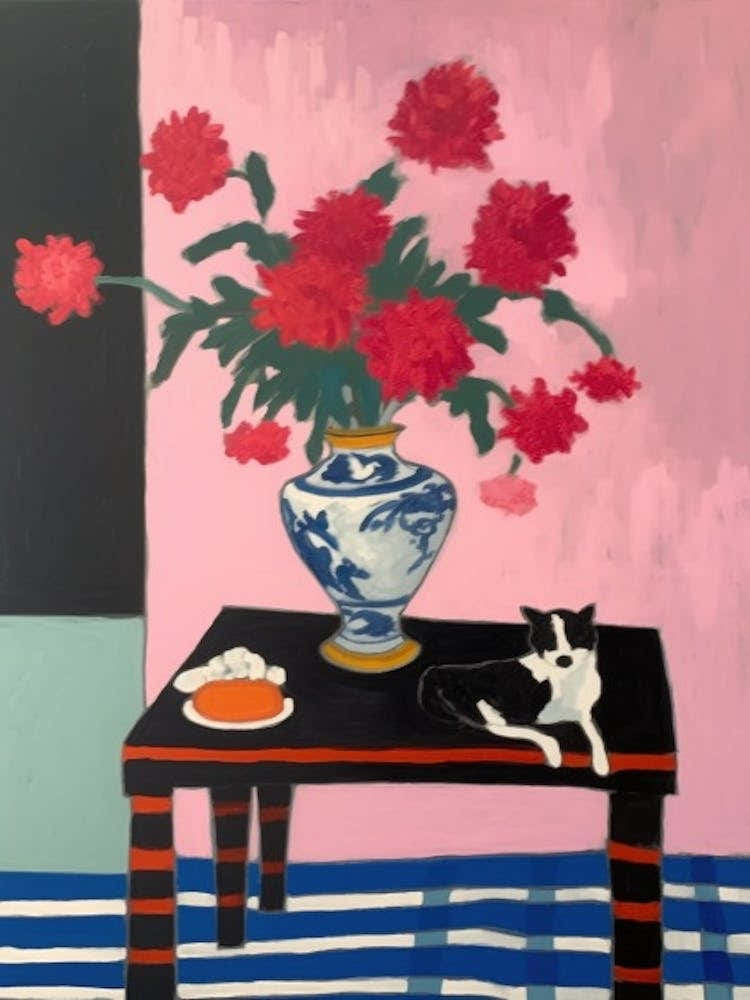 A Painting Of A Still Life Of A Chrysanthemums With A Cat In The Style Of Matisse 2